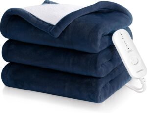 1 CORIWELL Heated Throw Blanket - 50" x 60" Flannel Electric Heat Blanket for Office Chair - Washable Heating Blanket with 5 Heating Levels & 3 Hours Auto Shut Off, Machine Washable (Blue)